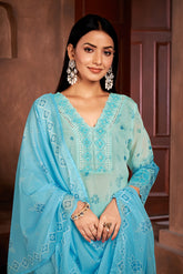 Blue Organza Printed Lace Salwar Suit With Pant Dupatta